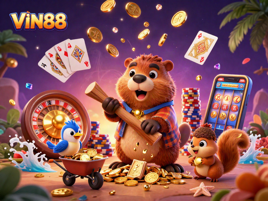 Spin and win with VIN88 as a beaver celebrates golden coin jackpots in a dynamic casino-themed scene.