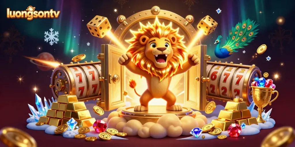 Experience thrilling wins with luongsontv as a majestic lion roars among gleaming gold and casino excitement.