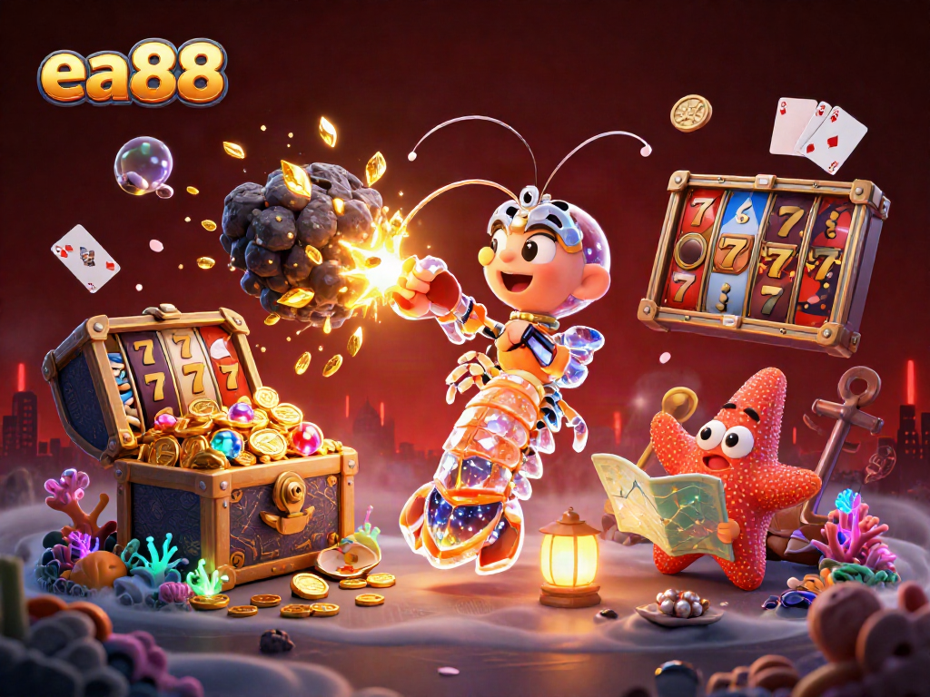 ea88 engages in epic casino battles with a mantis shrimp in a gem-filled explosion amidst rich gaming visuals.