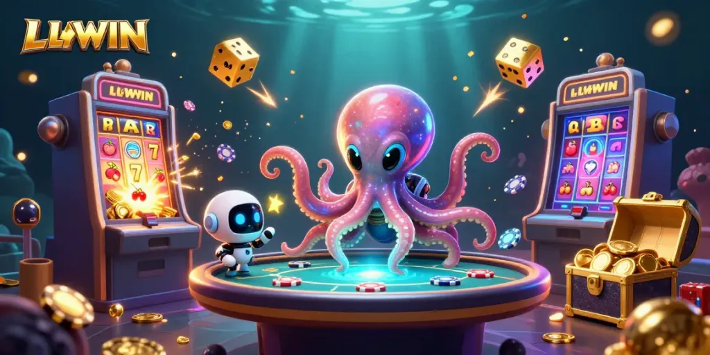 LLWWIN showcases an interactive gambling scene with a fun alien octopus and jackpot-themed elements.