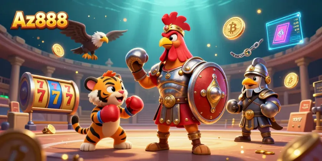Engage with thrilling games at Az888 casino, featuring a dynamic scene of a gladiator rooster amidst jackpot elements and crypto coins.