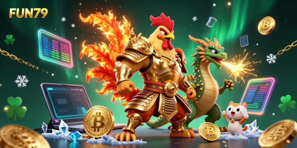 Watch the FUN79 fighting rooster warrior alongside a dragon hatchling, celebrating with crypto coins.