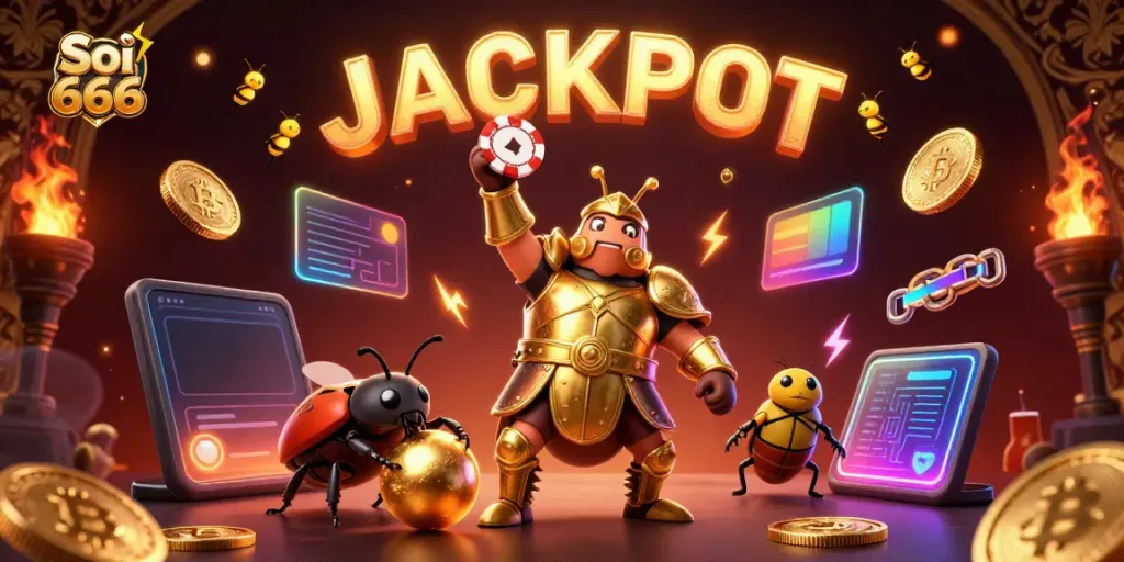 Win big with Soi cầu 666! A 3D cartoon beetle triumphantly lifting a poker chip amidst vibrant casino-themed elements.