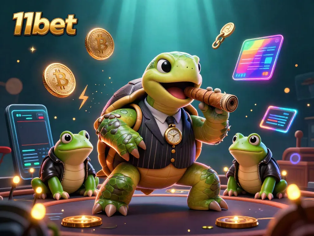 11bet showcases a vibrant casino scene with a snapping turtle mobster and bullfrog enforcers amidst digital gambling elements.