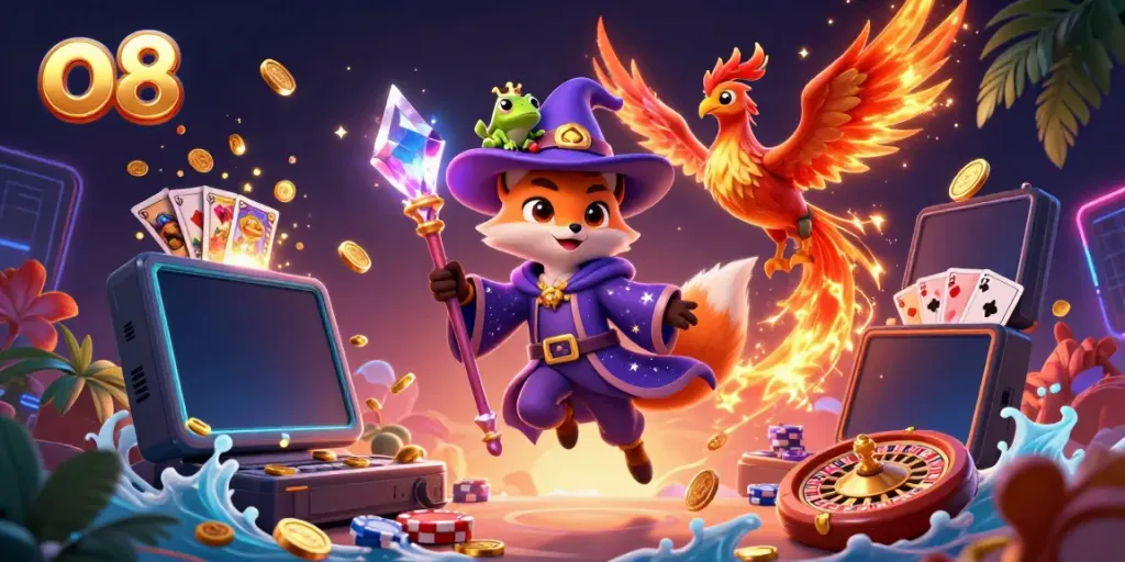 Engage in thrilling gaming adventures with o8, featuring a mystical wizard fox and vibrant casino elements.