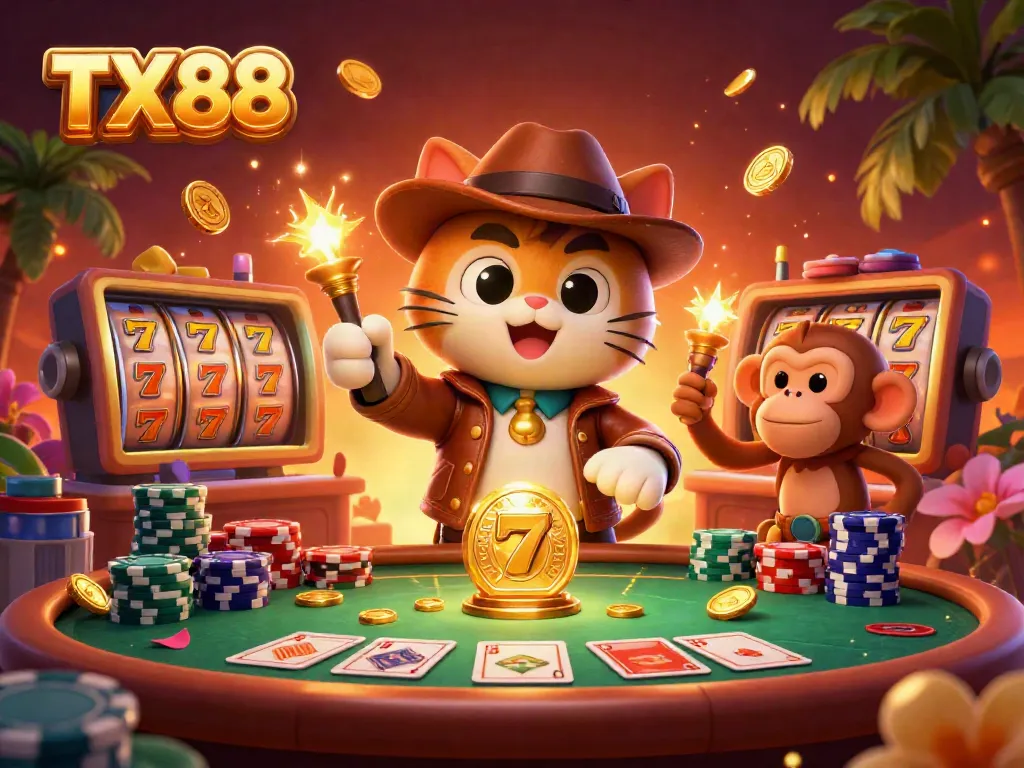 Experience the excitement of TX88 as an explorer cat uncovers treasures in a vibrant casino scene.