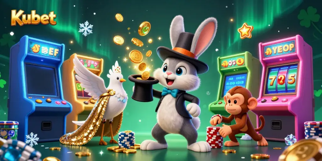 Kubet's exciting gaming scene featuring a magician rabbit, dove, and monkey amidst casino elements.
