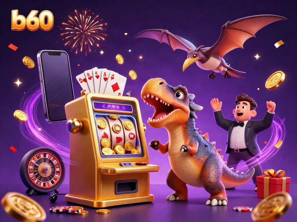 B60 slot machine jackpot scene with cartoon dinosaurs, gold coins, and casino elements.