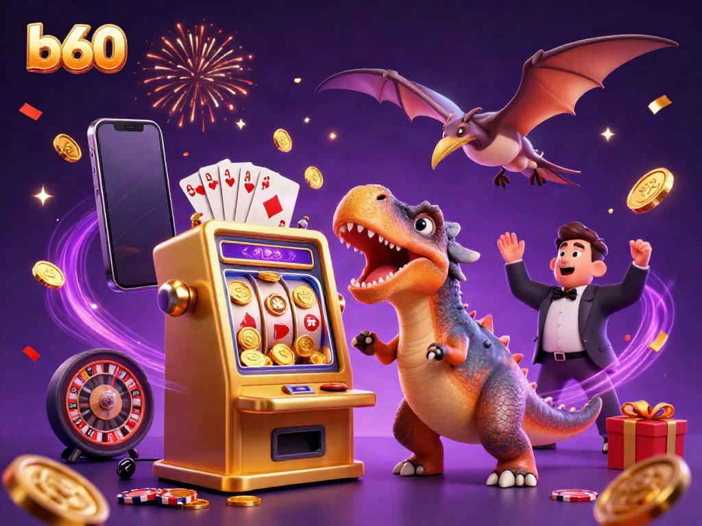 B60 slot machine jackpot scene with cartoon dinosaurs, gold coins, and casino elements.