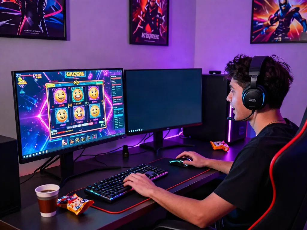 Player engaging with a slot gacor game on a vibrant gaming setup, showcasing excitement and modern gaming accessories.