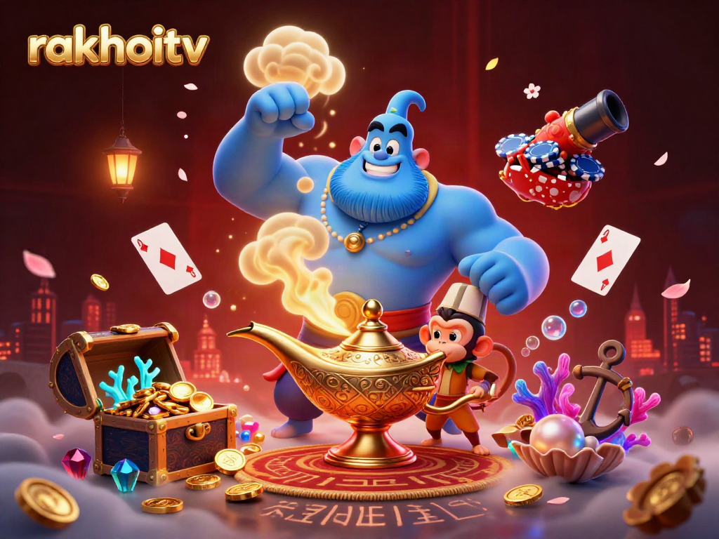 Exciting scene of rakhoitv featuring a magical genie, poker chips, and floating treasures.