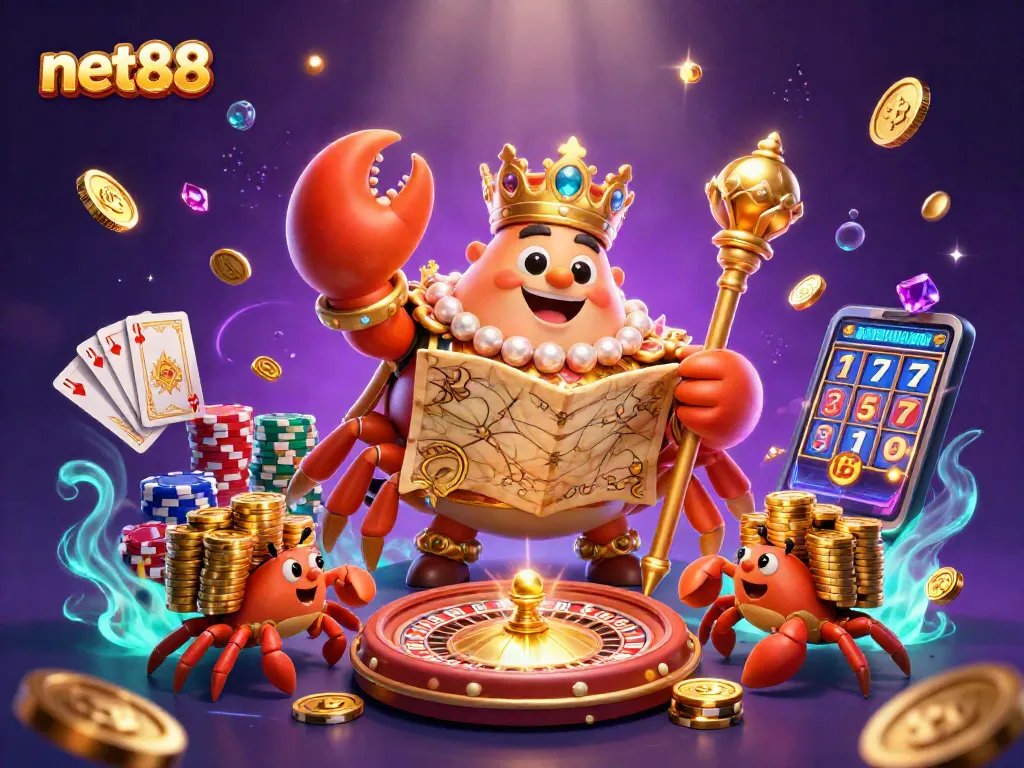 Engage with exhilarating gameplay at net88 featuring a vibrant 3D illustration of a golden crab emperor amidst casino elements.