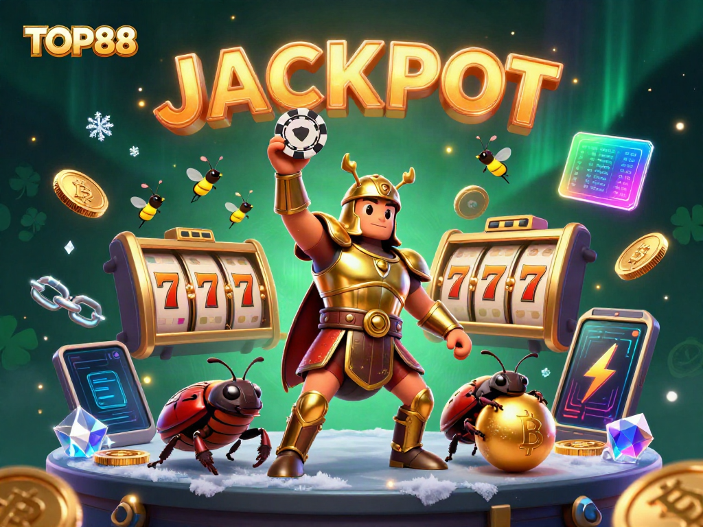 TOP88 cartoon beetle casino victory celebrating with slot elements and crypto coins