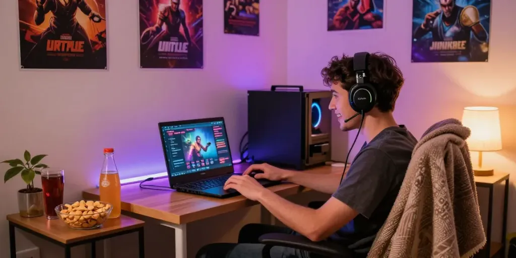 Player engaging with JERUKBET gaming interface in a cozy setting.
