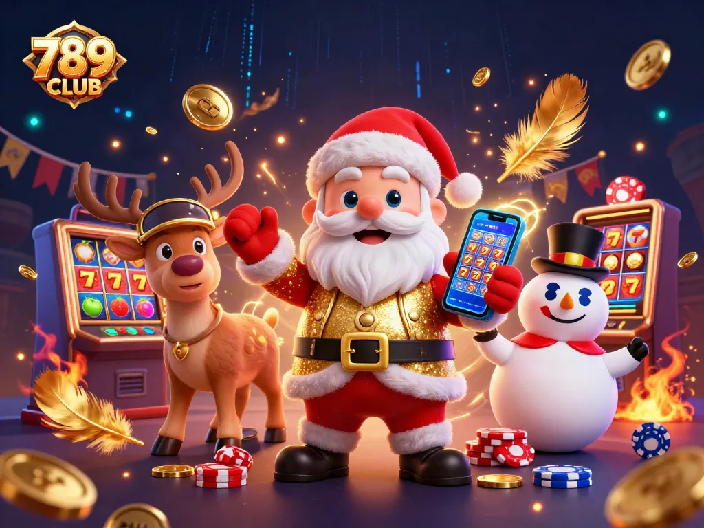 Play to win big with 789CLUB in this dazzling casino illustration featuring Santa, reindeer, and snowman.