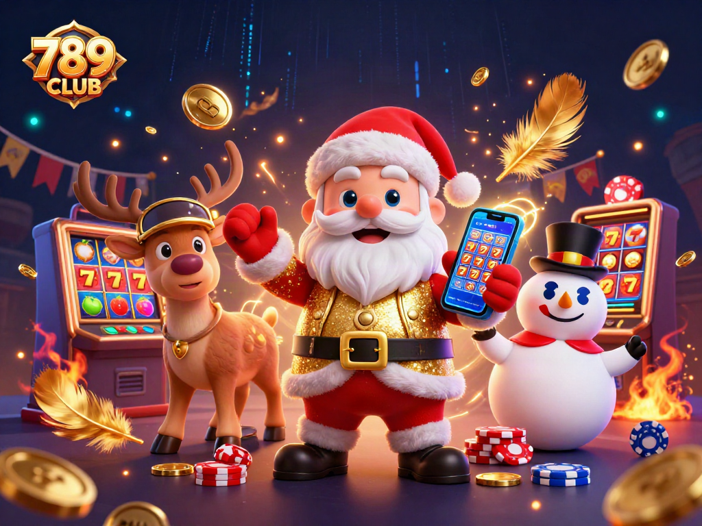 Play to win big with 789CLUB in this dazzling casino illustration featuring Santa, reindeer, and snowman.