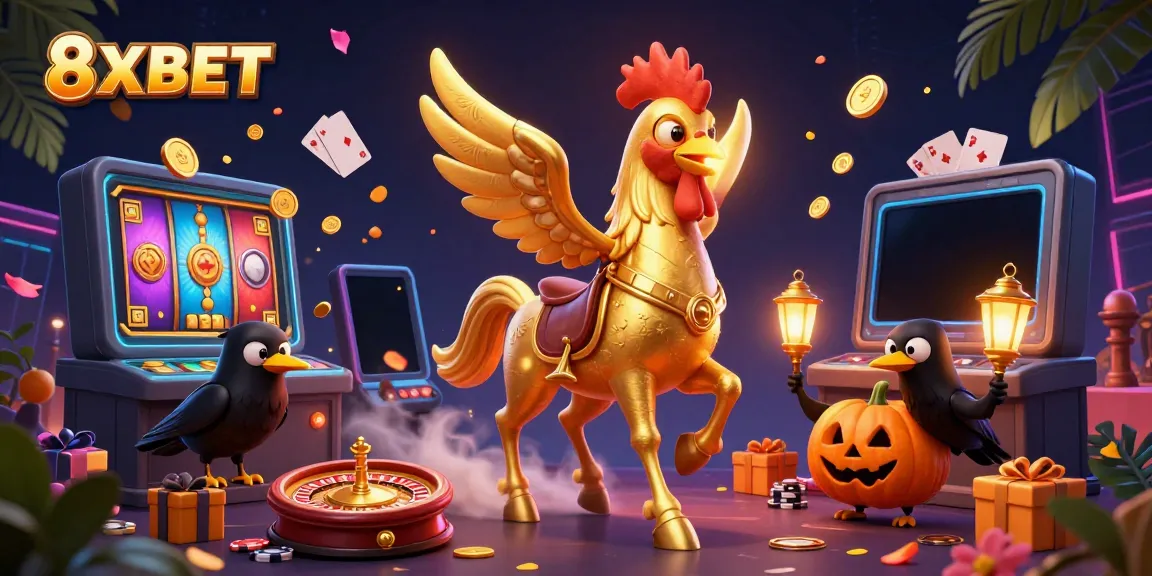 Experience excitement with 8XBET in a vibrant casino scene featuring gaming elements, golden coins, and dynamic characters.