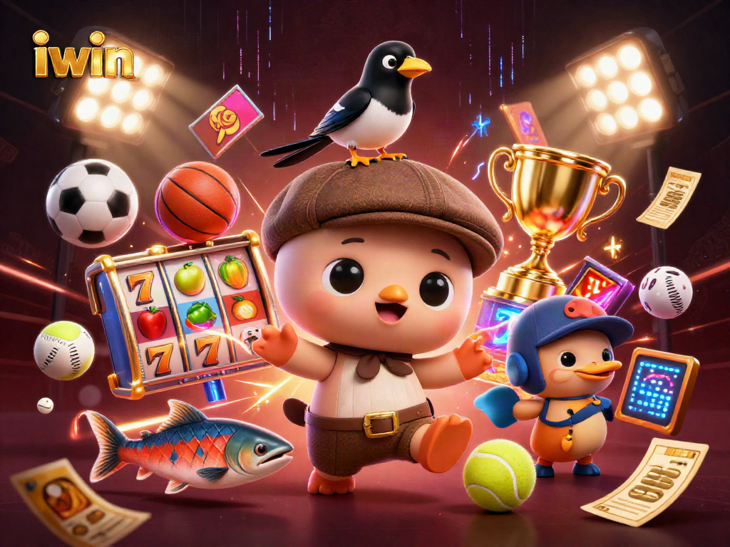 iwin casino game scene with cute cartoon characters and dynamic slot elements.