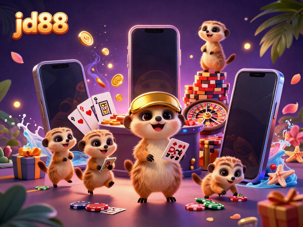 Engage with exciting casino games at jd88, featuring lively meerkats in a vibrant casino scene.