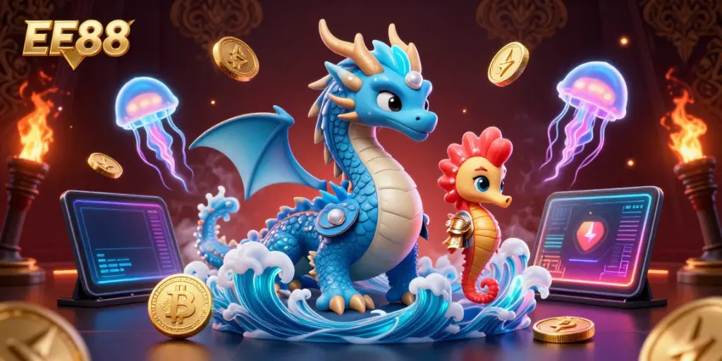 Engage with EE88's exciting gaming experience featuring vibrant 3D characters and cryptocurrency elements.