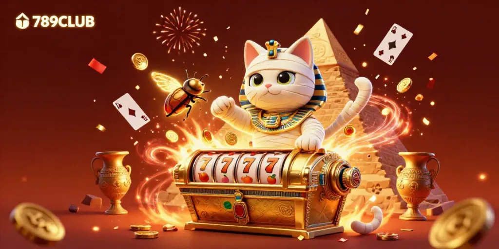 Engage with 789CLUB's playful Egyptian mummy cat and golden treasures in a vibrant casino scene.