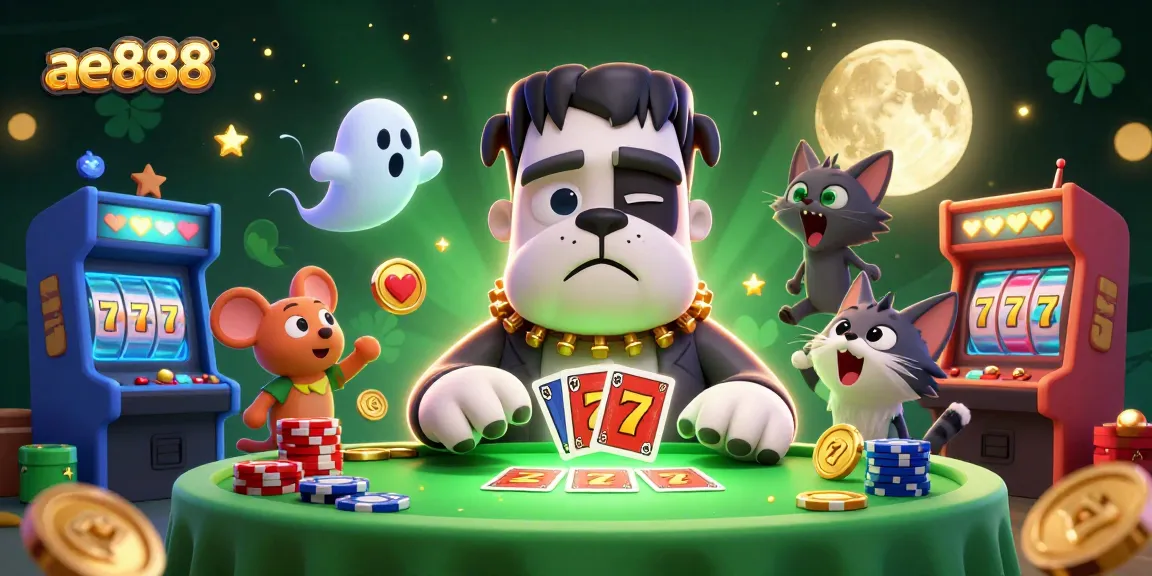 Join the excitement at ae888 as a Frankenstein bulldog monster deals cards at a vibrant casino scene.