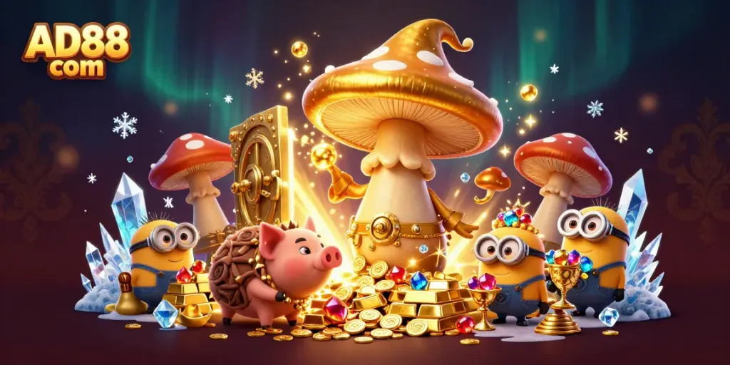 Engage with AD88 com's exciting gaming experience featuring a golden wizard and treasures.