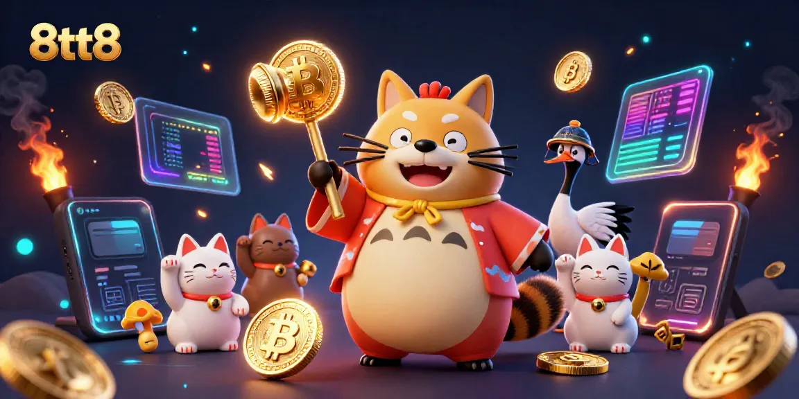 Engage with the vibrant 8tt8 casino scene featuring a cheerful tanuki and cryptocurrency symbols.