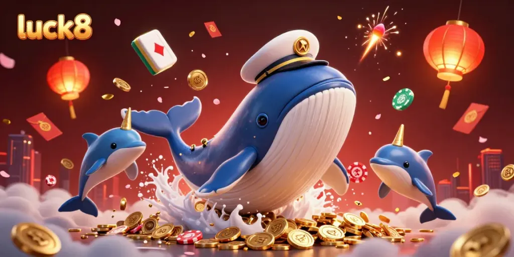 Join the exciting world of luck8 as the whale breaches amidst golden treasures and playful dolphins.