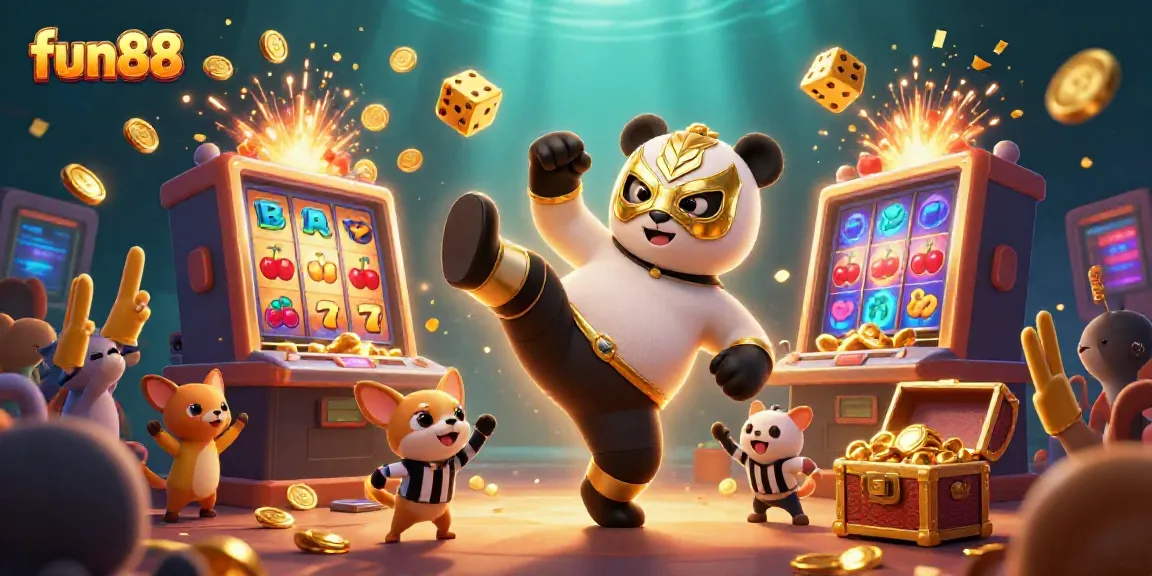 Experience fun88's thrilling jackpots with a panda wrestler performing amidst dynamic casino elements.