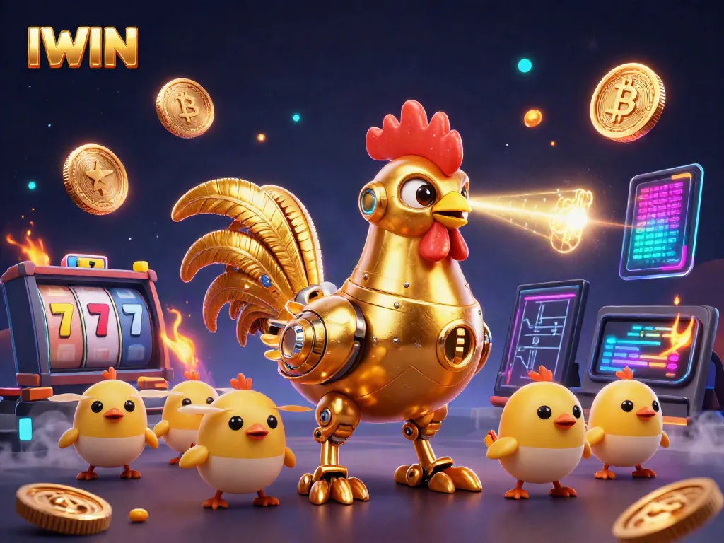 IWIN showcases a dynamic 3D scene featuring a futuristic golden rooster and chick drones among slot reels and crypto elements.