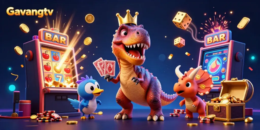 Experience the excitement of Gavangtv with T-Rex shuffling cards and friendly characters amidst vibrant casino elements.