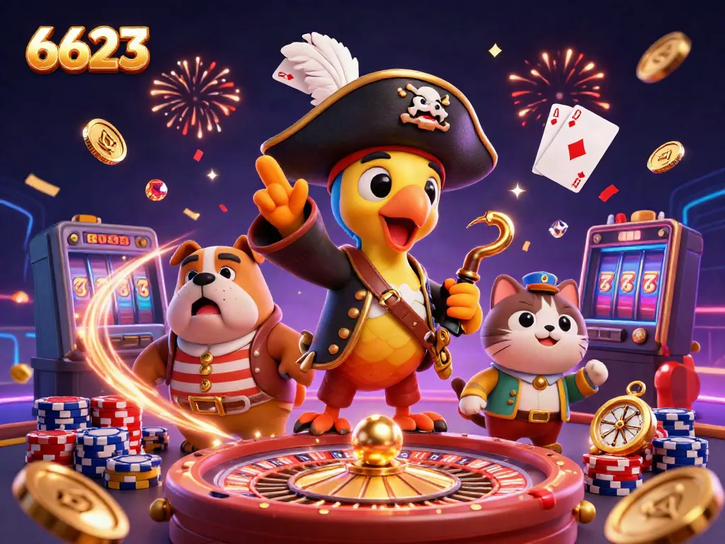 Experience fun gaming at 6623 with pirates and treasures in a vibrant casino scene!