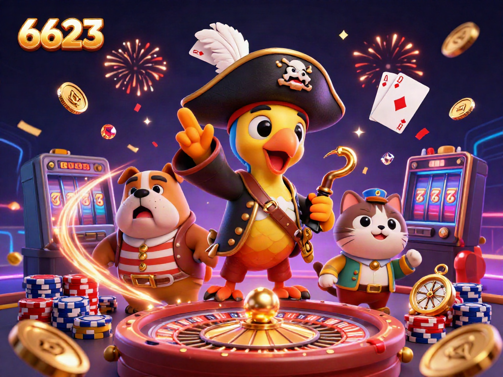 Experience fun gaming at 6623 with pirates and treasures in a vibrant casino scene!