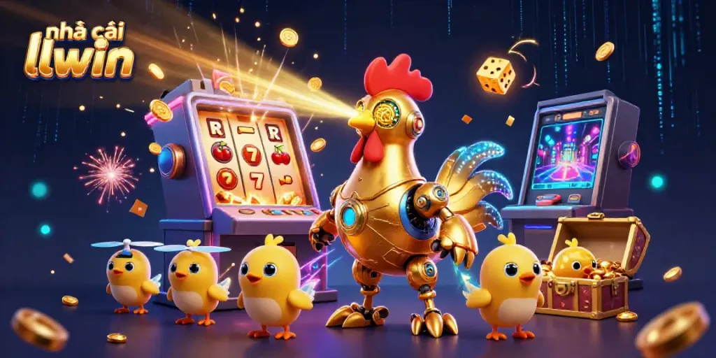 Engage with the exciting world of nhà cái llwin illustrated by a golden rooster robot and dynamic casino elements.