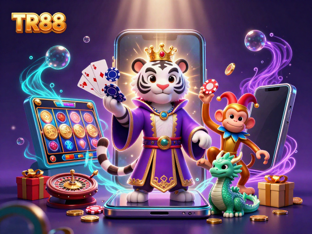 Engage with TR88 through an enchanting slot-filled casino world, featuring lively characters and vibrant game elements.
