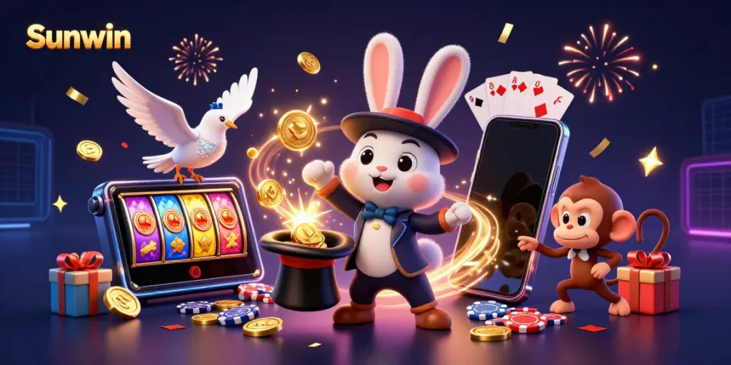 Engage with Sunwin's vibrant gaming world featuring a magician pulling coins, a dove, and a monkey amidst casino excitement.