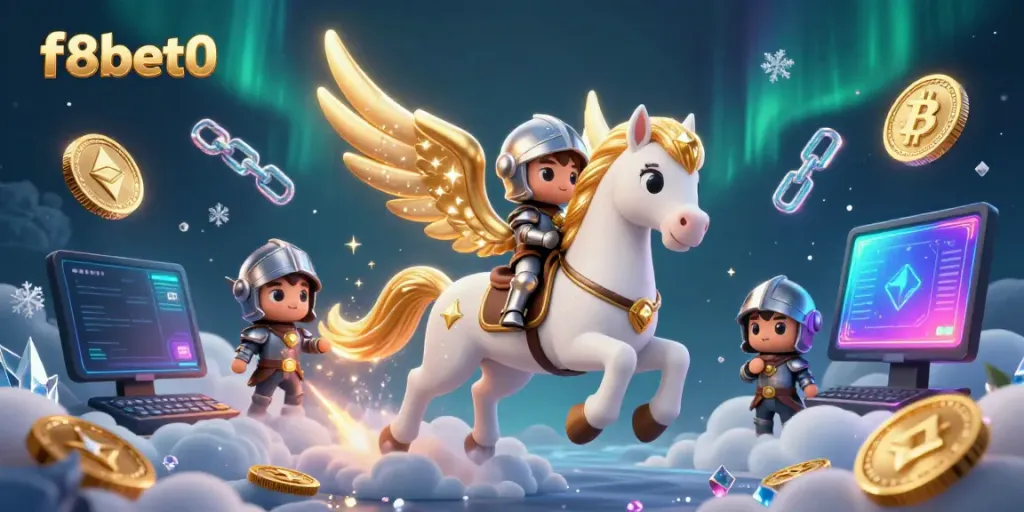 Experience thrilling gaming at f8bet0 with a celestial horse and knight amidst bright crypto elements.