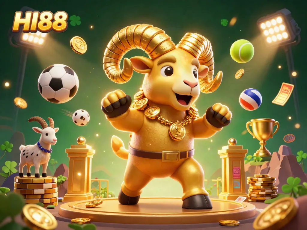 Experience exciting gameplay at HI88 with a golden ram charging forward while sports elements fly around.