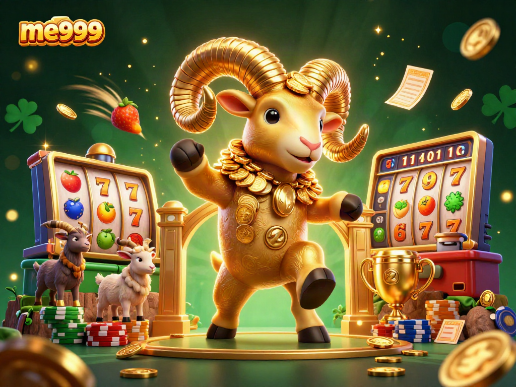 Experience the excitement of me999 with a golden ram charging through a vibrant casino scene full of winning elements.