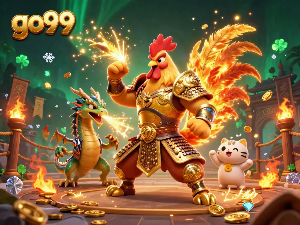 Engage with go99 games featuring a powerful rooster warrior and an armored dragon hatchling in a dynamic scene.