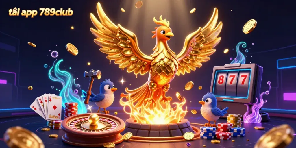 Engage players with the vibrant scene showcasing the tải app 789club, featuring a molten gold phoenix and dynamic casino elements.