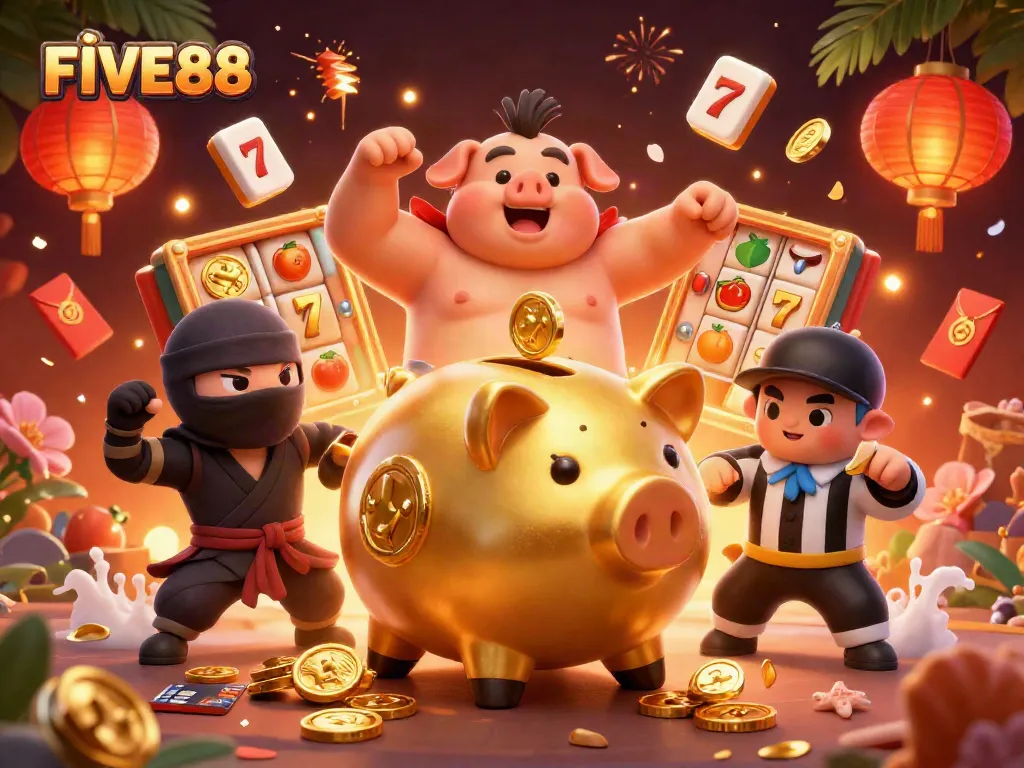 Experience the thrill of winning at FIVE88 with dynamic 3D casino characters and slot game elements.
