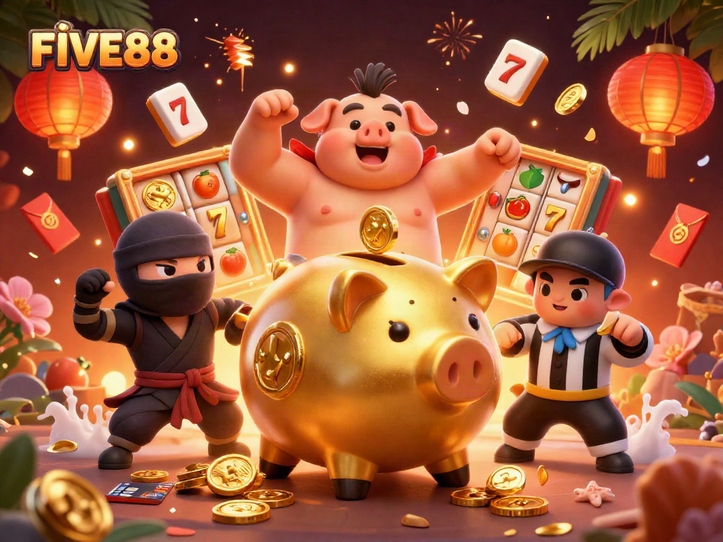 Experience the thrill of winning at FIVE88 with dynamic 3D casino characters and slot game elements.