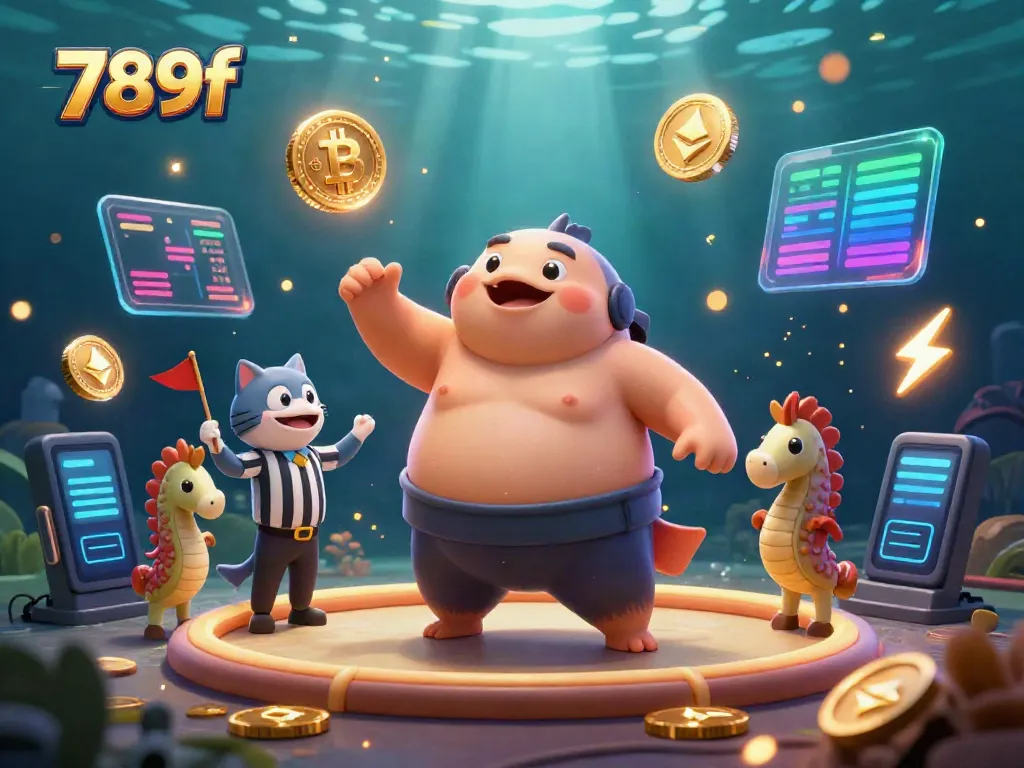 Engage in thrilling sports betting with 789f in a vibrant underwater scene featuring an energetic fugu and seahorse spectators.