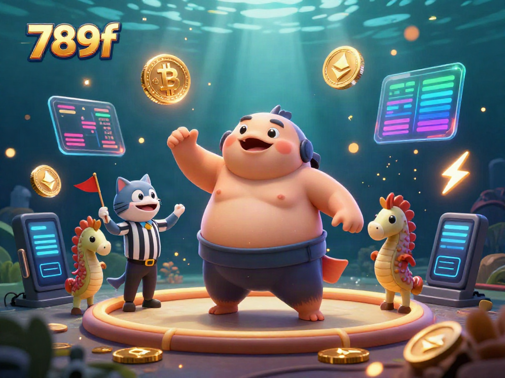 Engage in thrilling sports betting with 789f in a vibrant underwater scene featuring an energetic fugu and seahorse spectators.