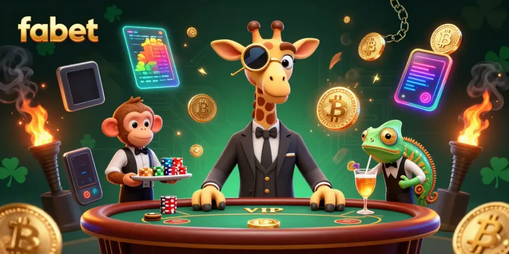 Experience the excitement at fabet with a vibrant 3D casino scene featuring characters and crypto elements.