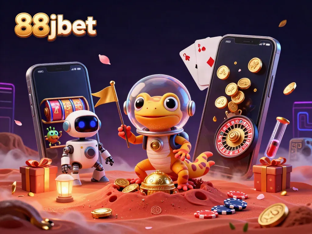 Engage with the vibrant world of 88jbet as a Martian gecko uncovers a buried casino in this dynamic illustration.