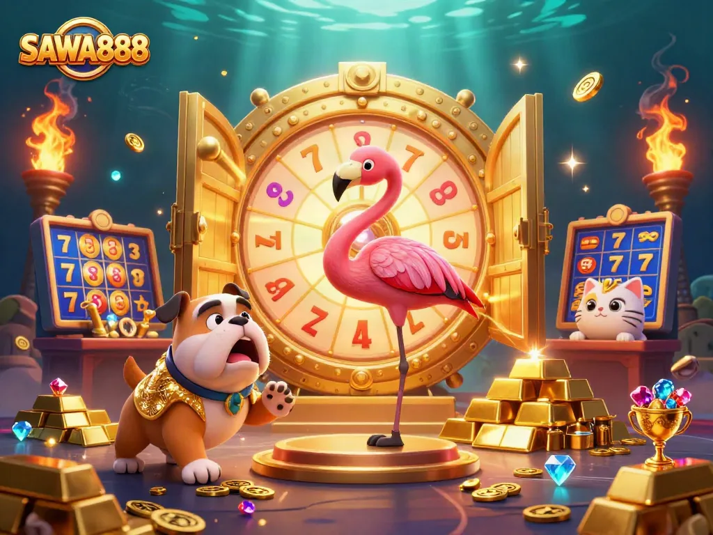 Spin the golden prize wheel with SAWA888, as excitement rises in a vibrant casino scene.