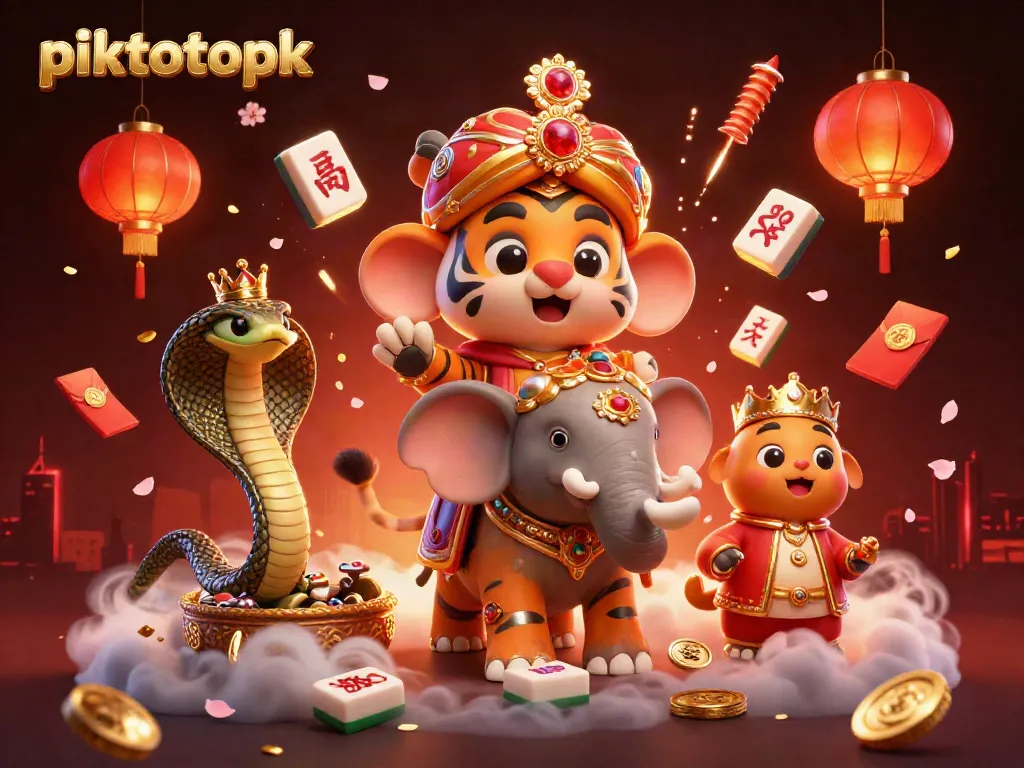 Experience the thrill of piktotoapk with a vibrant 3D cartoon scene featuring a royal tiger in a casino setting.